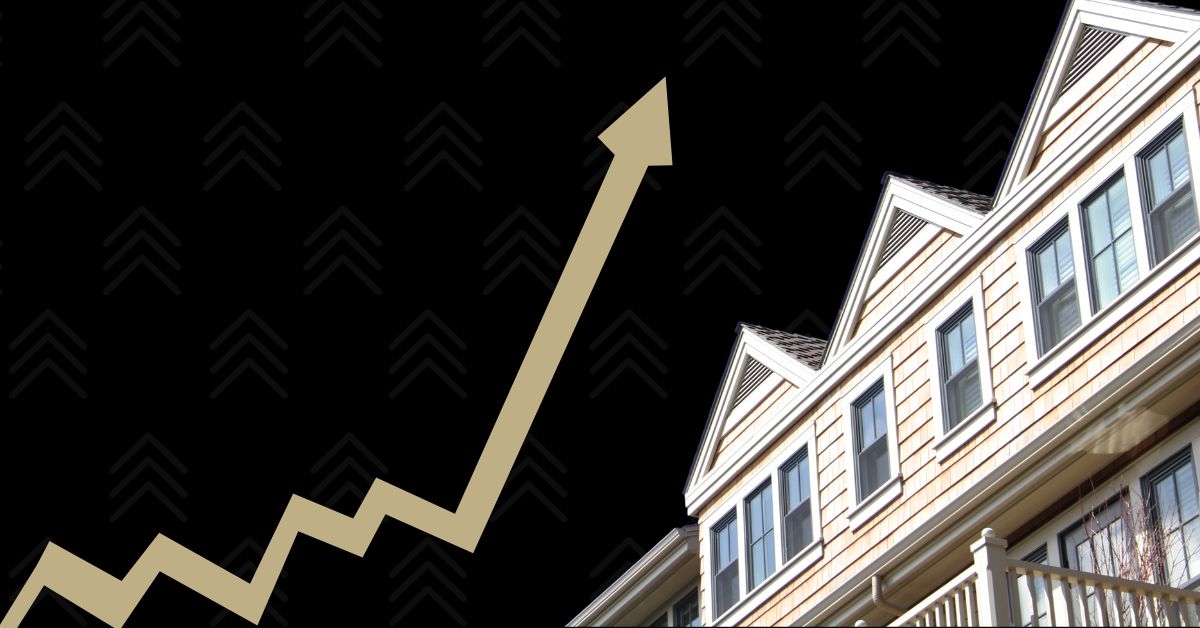 National Real Estate Market Update For 2025 - image showing homes and arrow going up to indicate home value increases in 2025